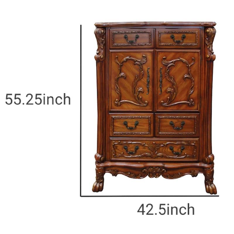 Imperial Style Wooden Chest With 5 Drawers and 2 Door Cabinets, Cherry Oak Brown