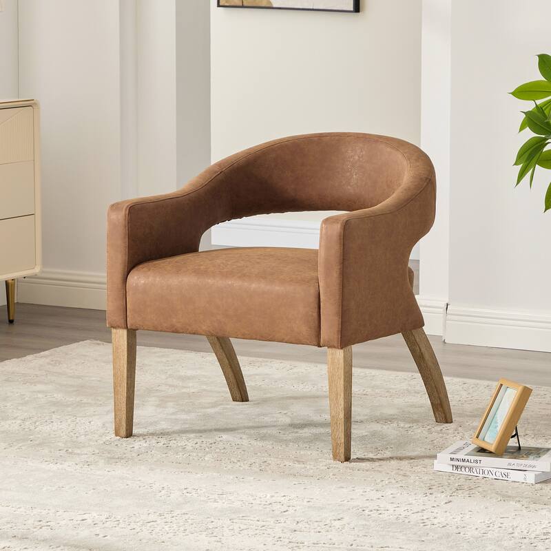 PU Leather Barrel Accent Chair, Ergonomic Lounge Reading Chair, Upholstered Armchair with Hollow Back & Solid Wood Legs