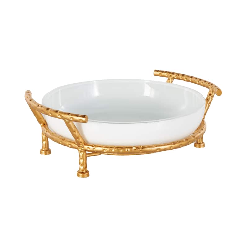 Tempered Glass Kitchen Serving Bowl with Gold Metal Stand - White - Roche River Decor - 12"W x 15"L x 5"H