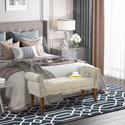 Beige and Brown Upholstered Linen Bench with Button Tufting and Foam Cushion for Entryway - 48.75'' W x 16.5'' D x 24.25'' H