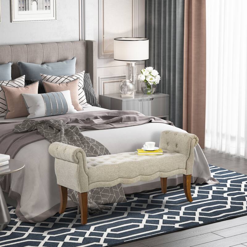 HOMCOM Traditional Style Entryway Bed End Shoe Bench with Button Tufted and Rounded Arm for Living Room, - Beige, Brown
