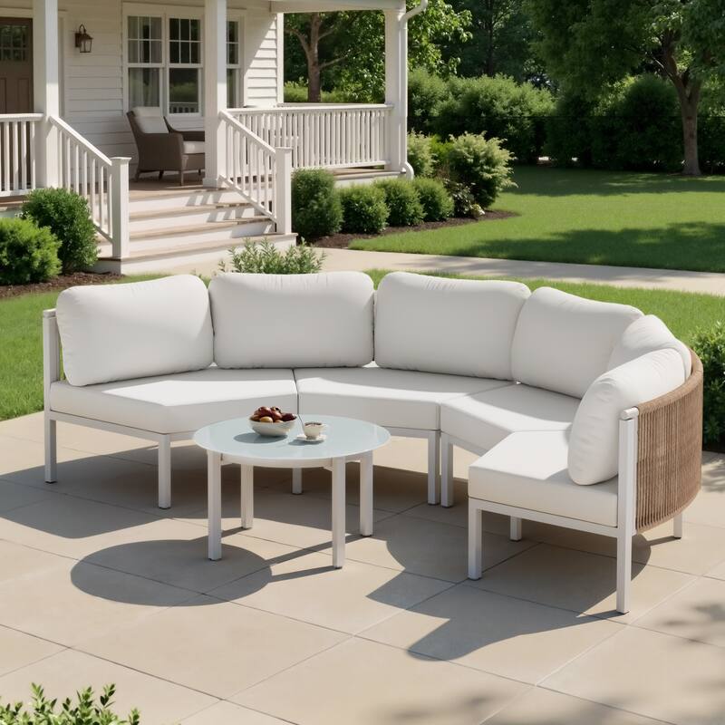 Outdoor Patio Furniture All-Weather Aluminum PE Rattan Wicker Half Round Curved Sofa Sectional Set - 4-Seats+1-Table - Beige