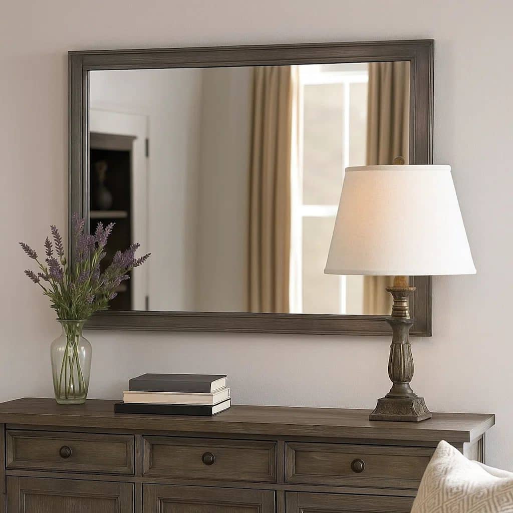 38 Transitional Style Square Wooden Frame Mirror, Gray