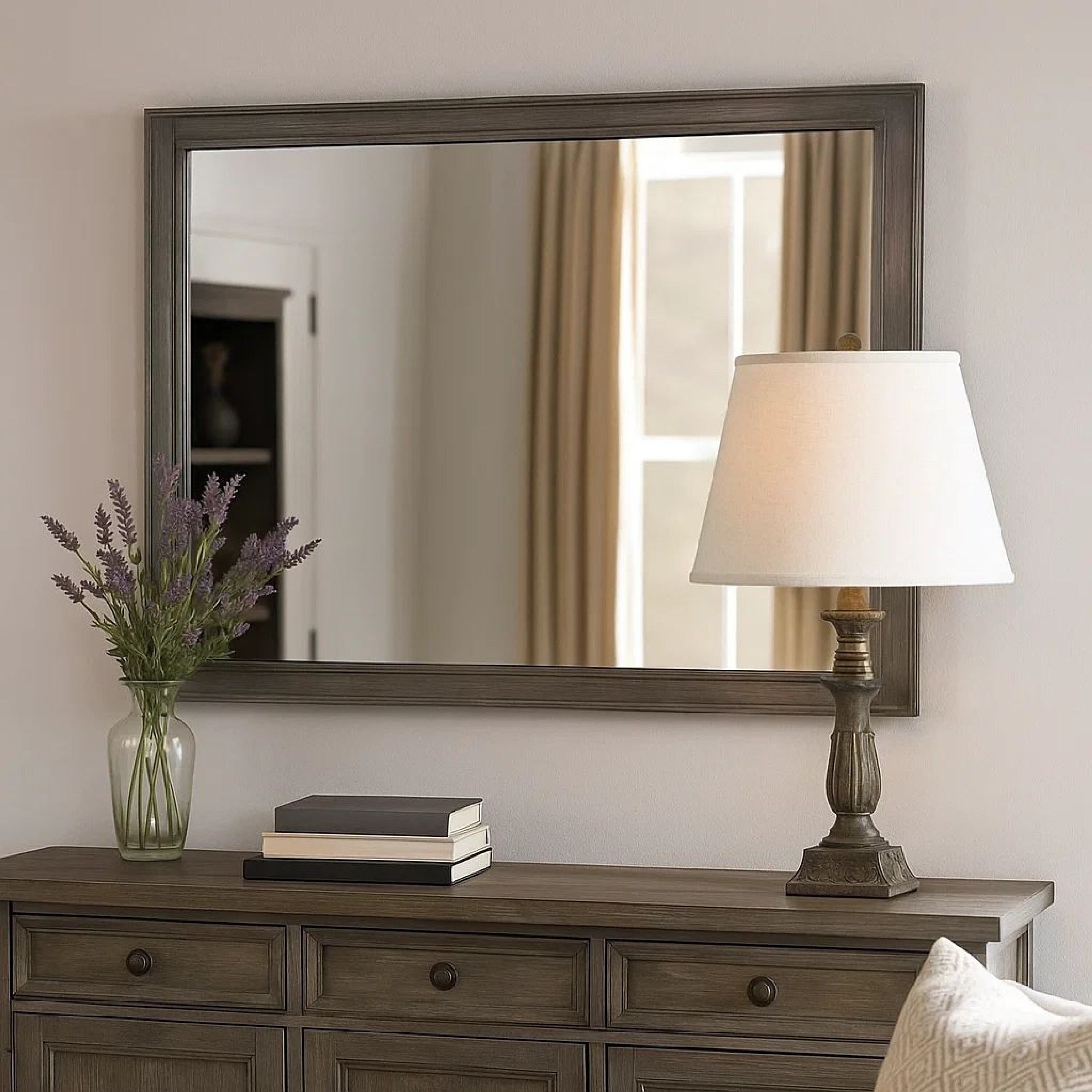 Transitional Style Wooden Decorative Mirror with Grooved Panels