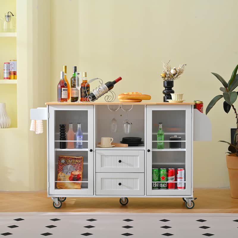 White Mobile Kitchen Island Cart With Wheels, Drop-Leaf Top, Towel/Spice Rack, Two Drawers And Two-Door Cabinet.