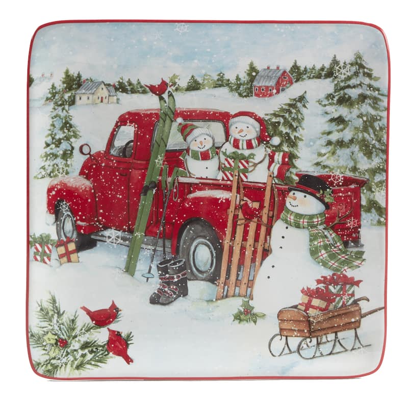 Certified International Red Truck Snowman 8.5" Salad/Dessert Plates, Set of 4