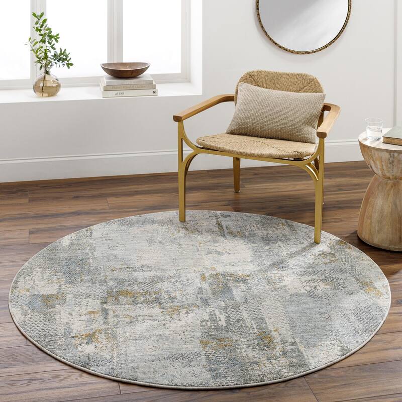 Livabliss Dresden Mid-Century Modern Abstract Area Rug - Taupe/Blue - 7'10" x 7'10" Round - Round