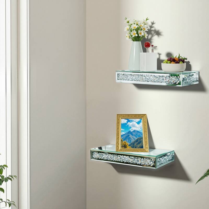 2 Pcs Crushed Diamond Display Shelves for Wall Stylish Floating Wall Shelf for Plants Mirrored Glass Floating Shelf - Silver