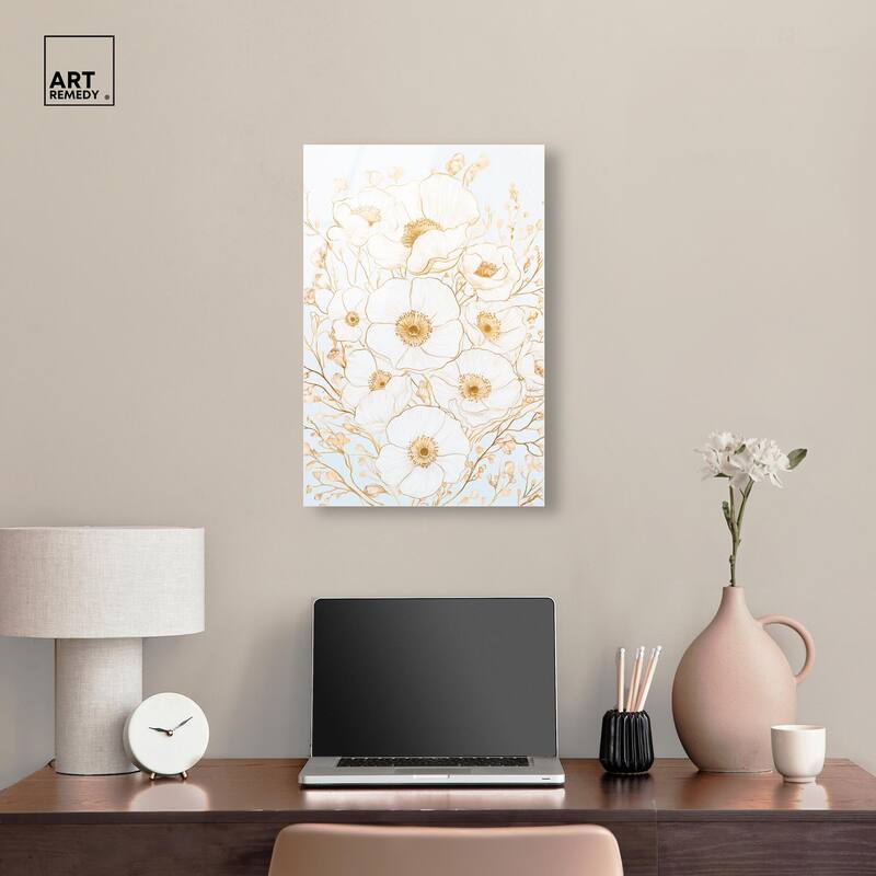 White and Gold Poppies II Acrylic by Art Remedy, Ready to Hang
