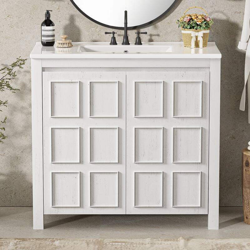 36" Rustic Bathroom Vanity Cabinet with Ceramic Sink -Solid Wood Freestanding Organizer with Soft Close Doors. - White