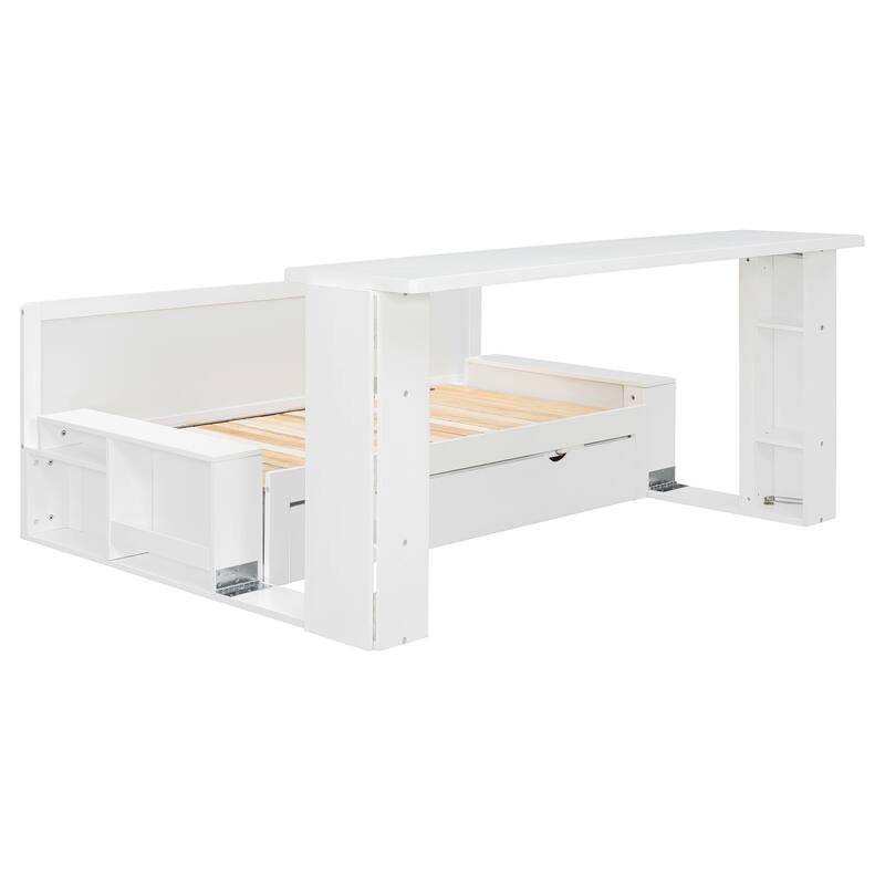 Multifunctional Sofa Bed Convertible Daybed with Removable Integrated Desk/Hydraulic Side Table/Storage Drawers for Small Spaces