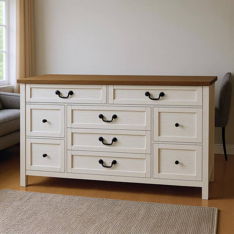9 Farmhouse Dresser, with Charging Station & Metal Handle - White+Brown