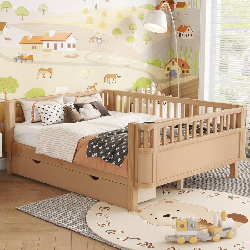 Wooden Kids Bed with 2 Storage Drawers, Guardrails and Removable Side Rail, Rounded Corners Frame Montessori Bed, Toddler Bed