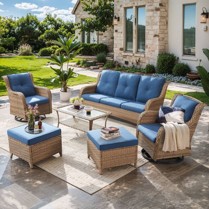 Pocassy Outdoor 4 Inch Sofa Swivel Chairs Table Ottoman - Yellow Wicker Blue Cushion - 6 Pieces 3-Seat Sofa Swivel Chair Table Ottoman