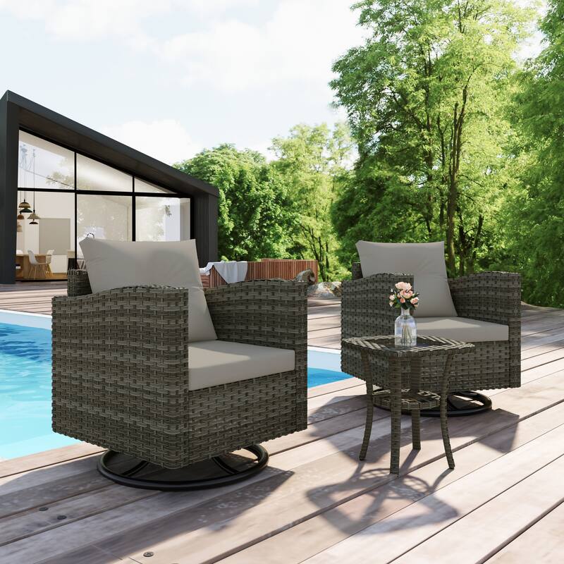 Outdoor Rattan Conversation Swivel Chair Set of 3 with Table