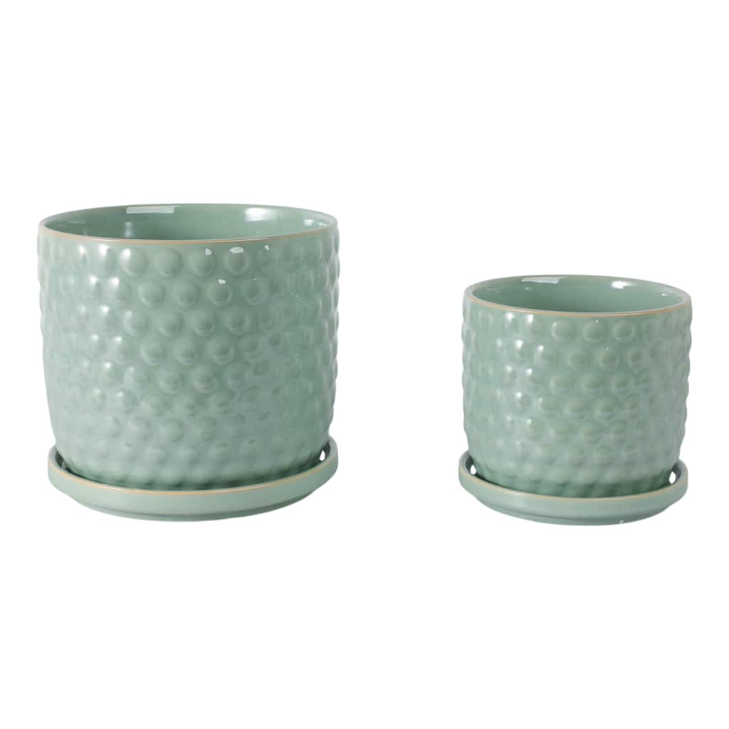 Ceramic Planters with Textured Bubble Surface and Saucers (Set of 2) - 8" x 8" x 7"