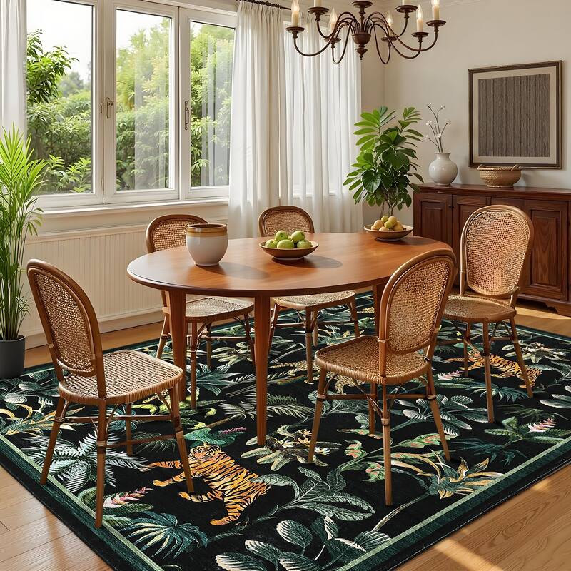 Living Room Rug Jungle Tiger Area Rug Plant Rugs Low Pile Non Shedding Soft Accent Carpet for Bedroom, Dining Room