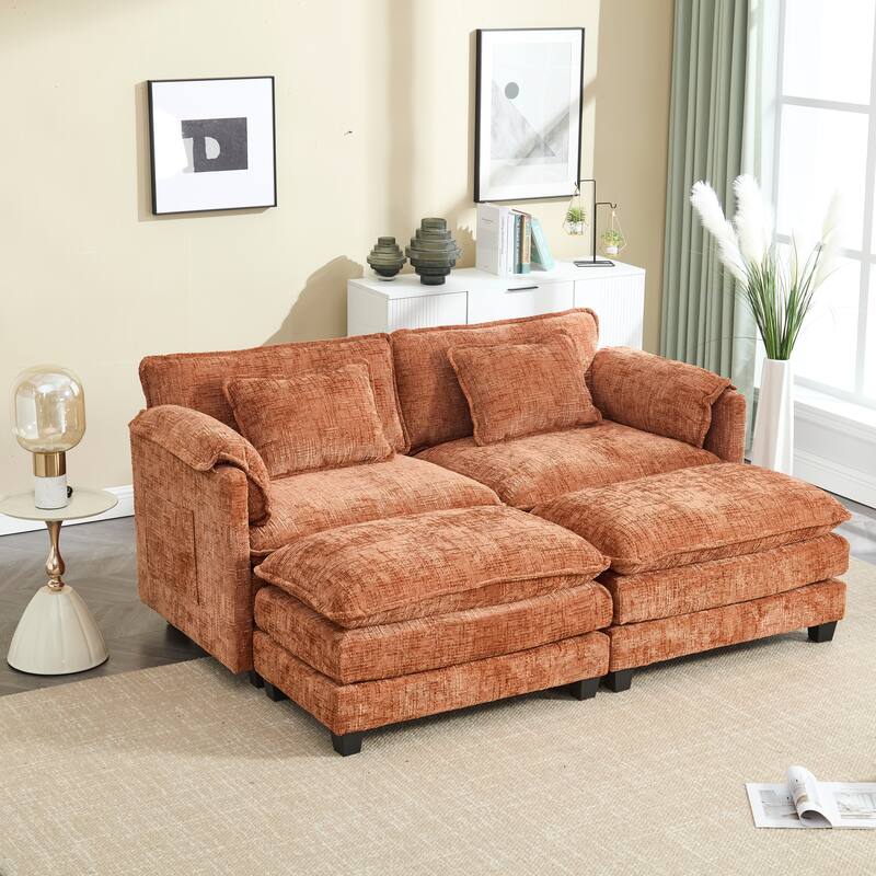 Chenille Fabric Loveseat Sofa Couch with 2 Ottomans and Side Pockets