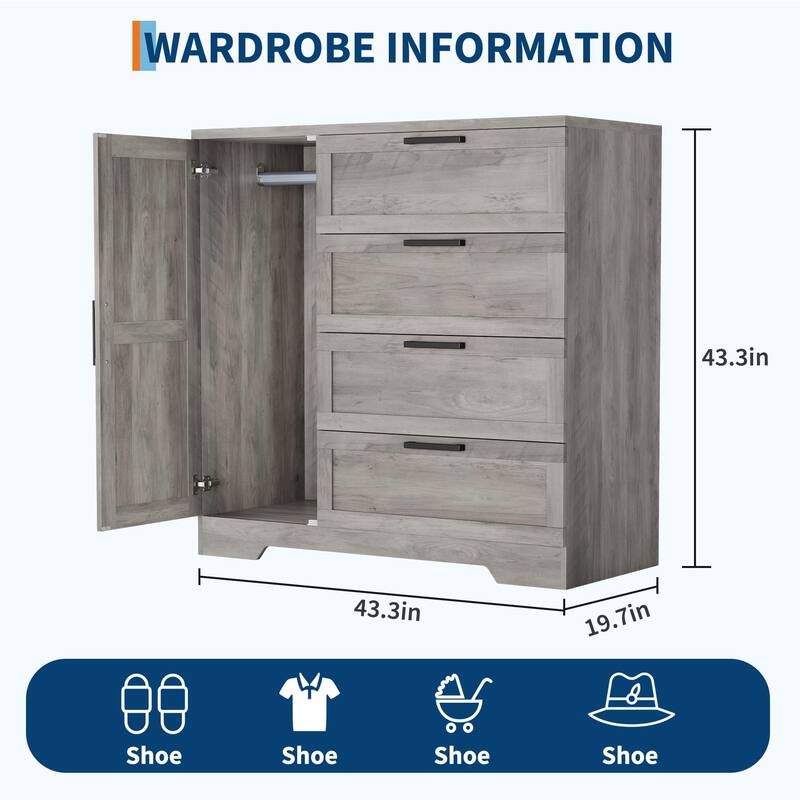 43.3'' Small Wardrobe Closet, Wardrobe Cabinet with Door, 4 Drawers and Handing Rod, Wooden Clothes Cabinet