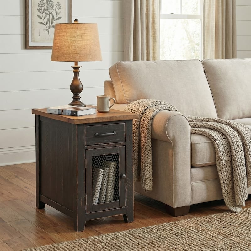 Rustic Solid Wood Chairside End Table with Hidden Charging Station - Antique Black and Honey