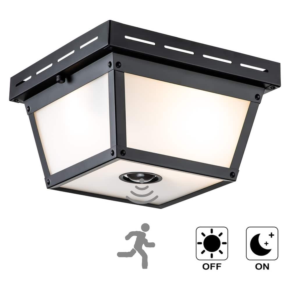 C Cattleya 2-Light Motion Sensor Outdoor Flush Mount Ceiling Light with White Textured Glass