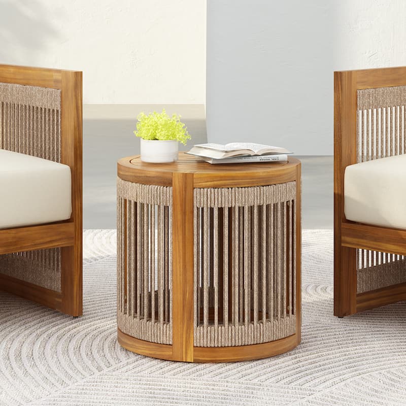 Roomfitters 16.9" Round Acacia Wood Outdoor Side Table, Handwoven Rope Accent Patio End Table, Teak - Teak