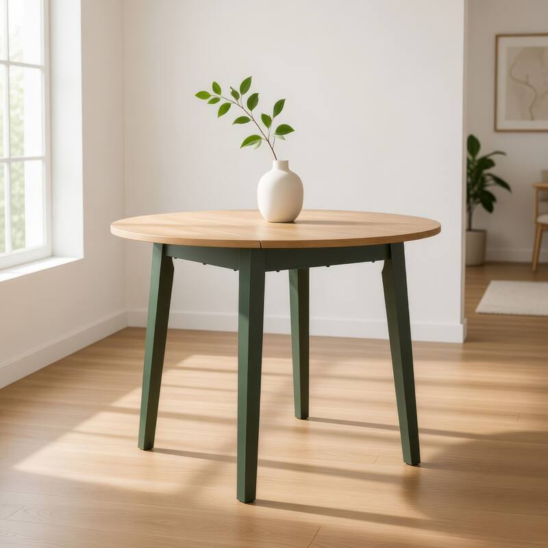 Gasy Dining Table, Extendable 26-42 Inch, Dark Green Wood, 2 Leaves