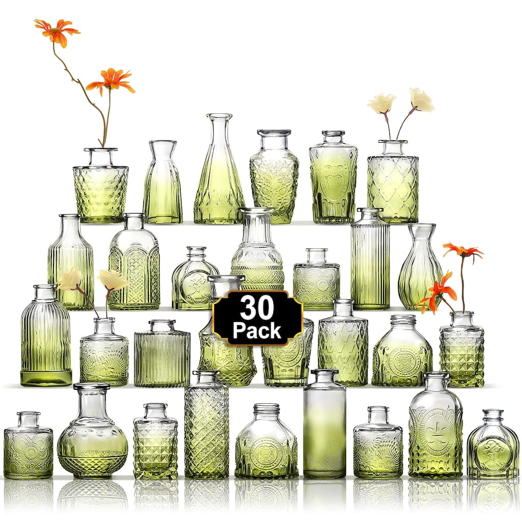 Bud Vase Set of 30, Green Vases Glass Bud Vases in Bulk, Small Vases for Mini Flower Vase Set Cute Vintage Glass Vases Set