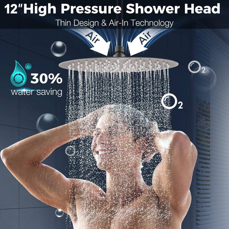 Bathlet 12" Rain Shower Head with Adjustable Height & Distance Extension Arm