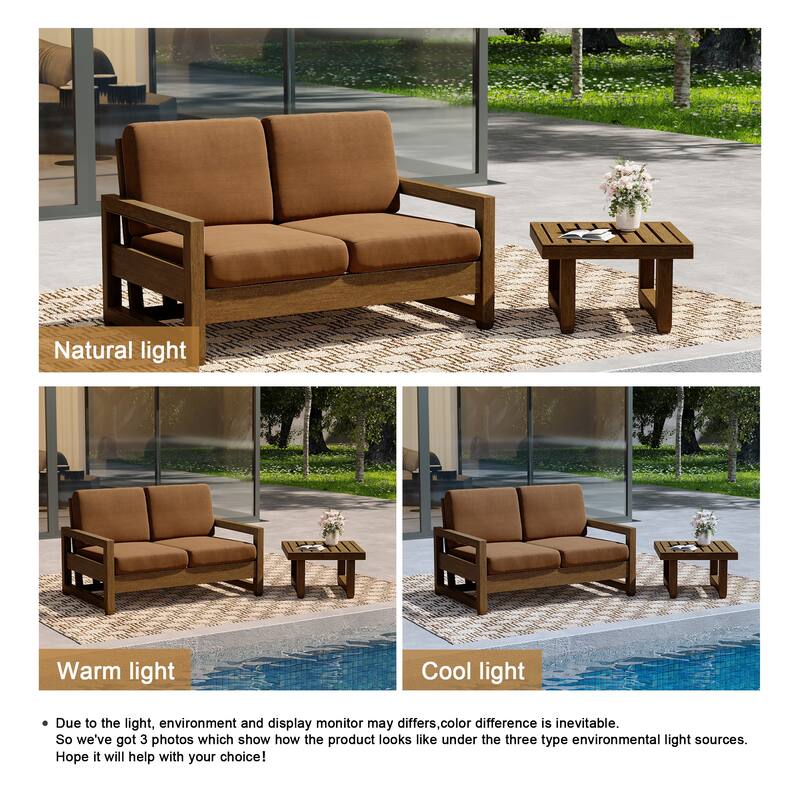 Teak Wood Cushioned Outdoor Patio Loveseat Set with Side Table