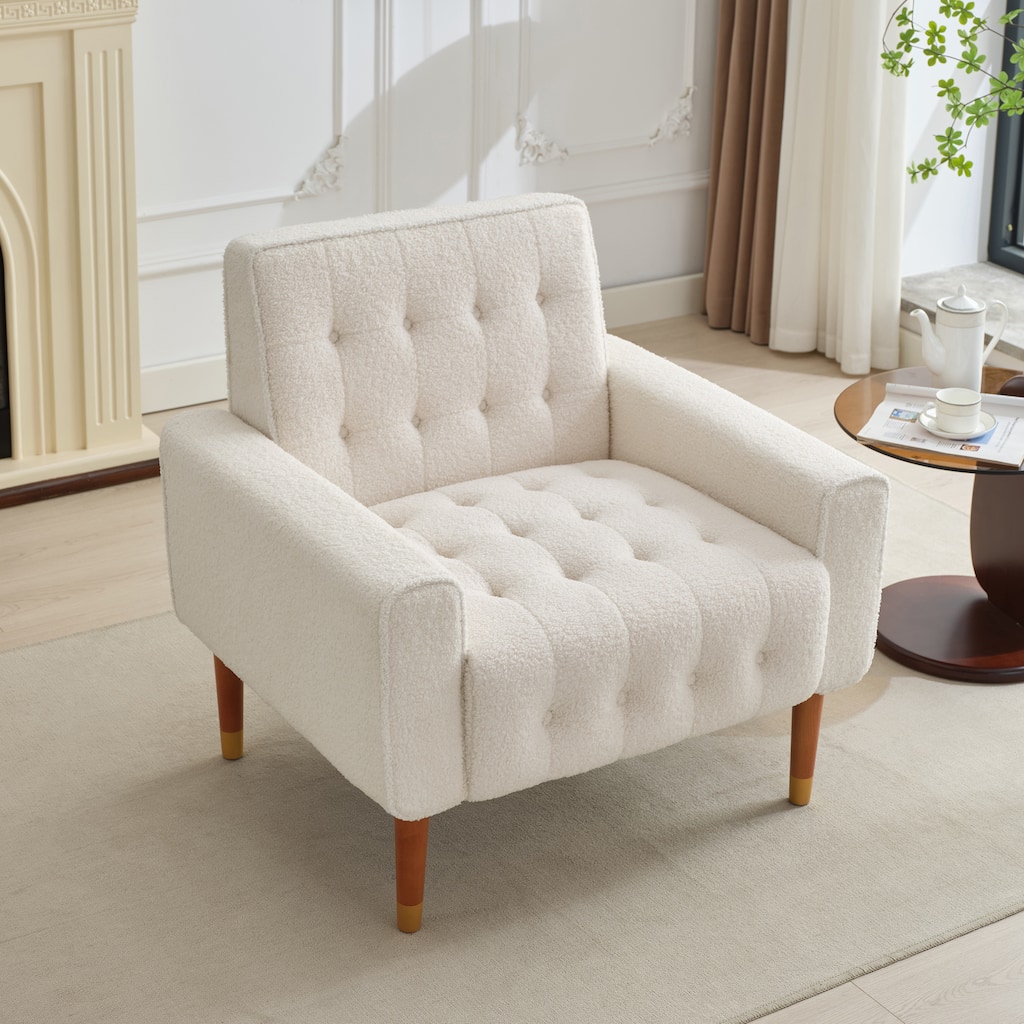 Beige 33.75" Classic Biscuit-Style Button Tufted Accent Chair with Elegant Solid Wood Legs