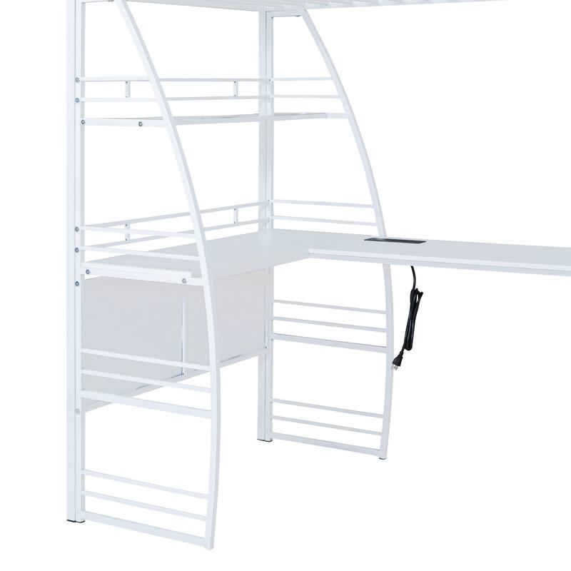 Metal Loft Bed with Shelves, L-Shaped Desk, Sockets, USB Ports, Wireless Charging