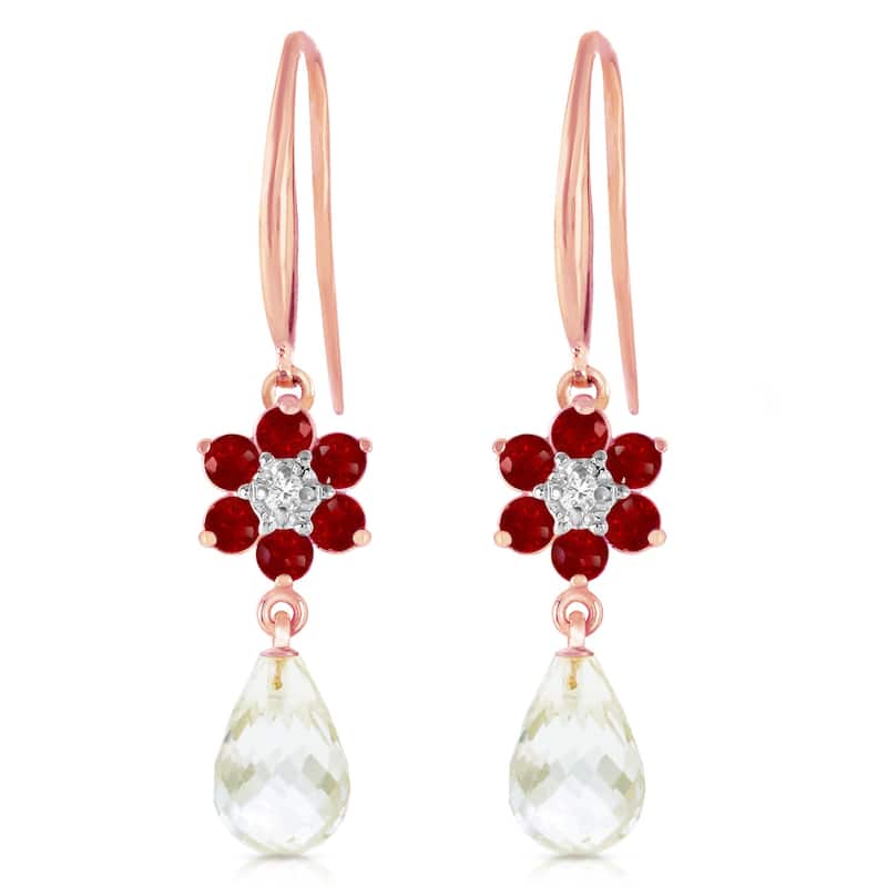 14K Solid Gold Hook Earrings w/ Diamonds, Rubies & Rose Topaz