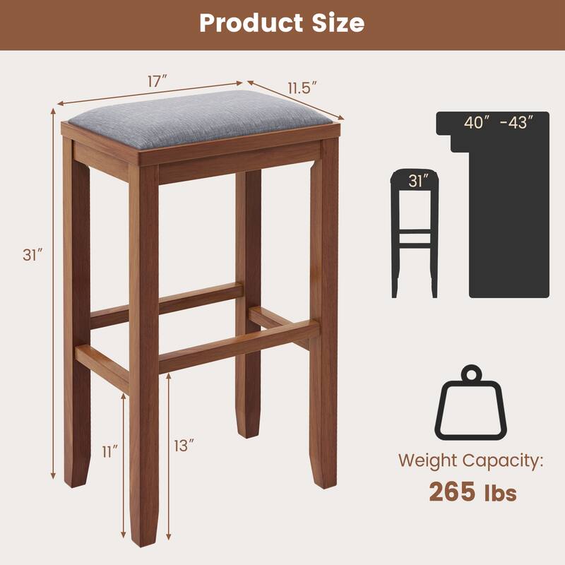 Costway Set of 2 Upholstered Bar Stools Wooden Counter Height Dining