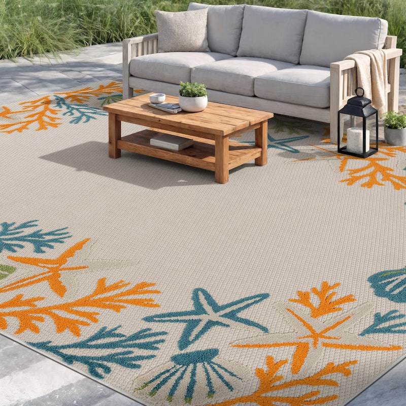 World Rug Gallery Indoor/Outdoor High-Low Textured Area Rug, Coastal Border Easy-Clean Patio Rug