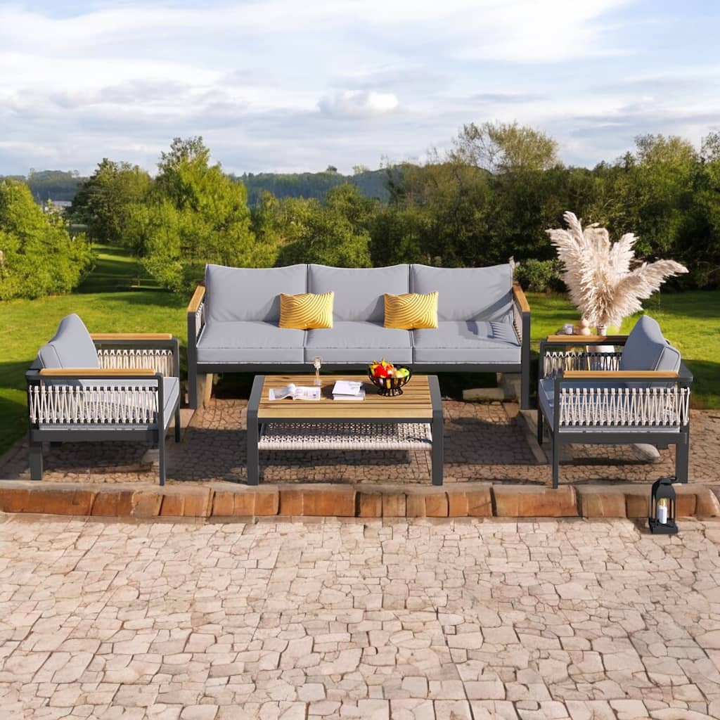 4-Piece Outdoor Sectional Sofa Set - Patio Furniture with Cushions and Woven Rope Detailing for Garden, Balcony, or Patio