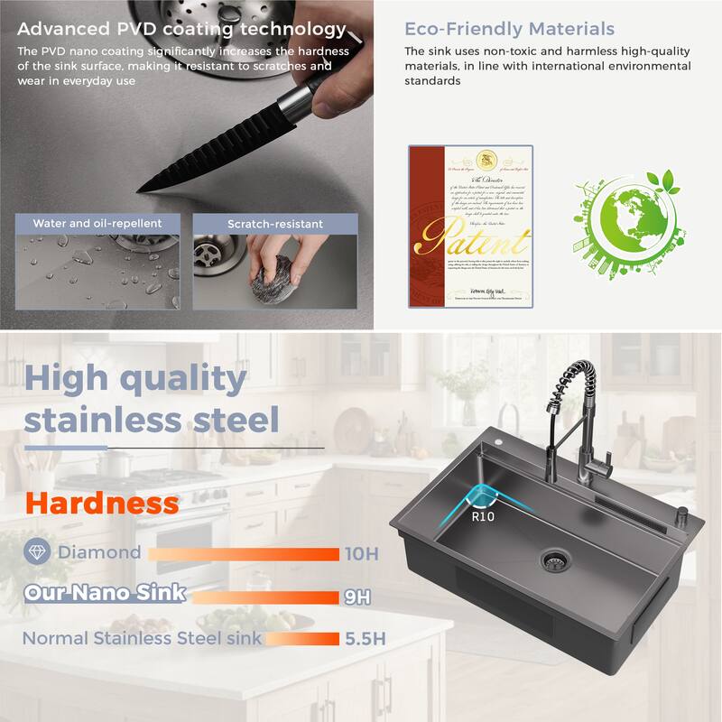 33 Inch Kitchen Sink with Pull Out Faucet Combo, Modern Single Bowl Waterfall Stainless Steel