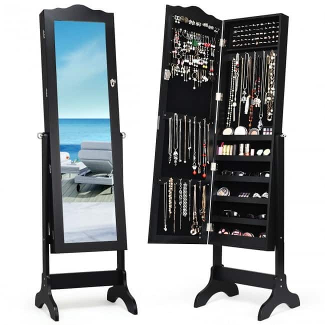 Mirrored Lockable Jewelry Cabinet Armoire Organizer Storage Box - 18.5" x 14.5" x 63.5" ( L x W x T )