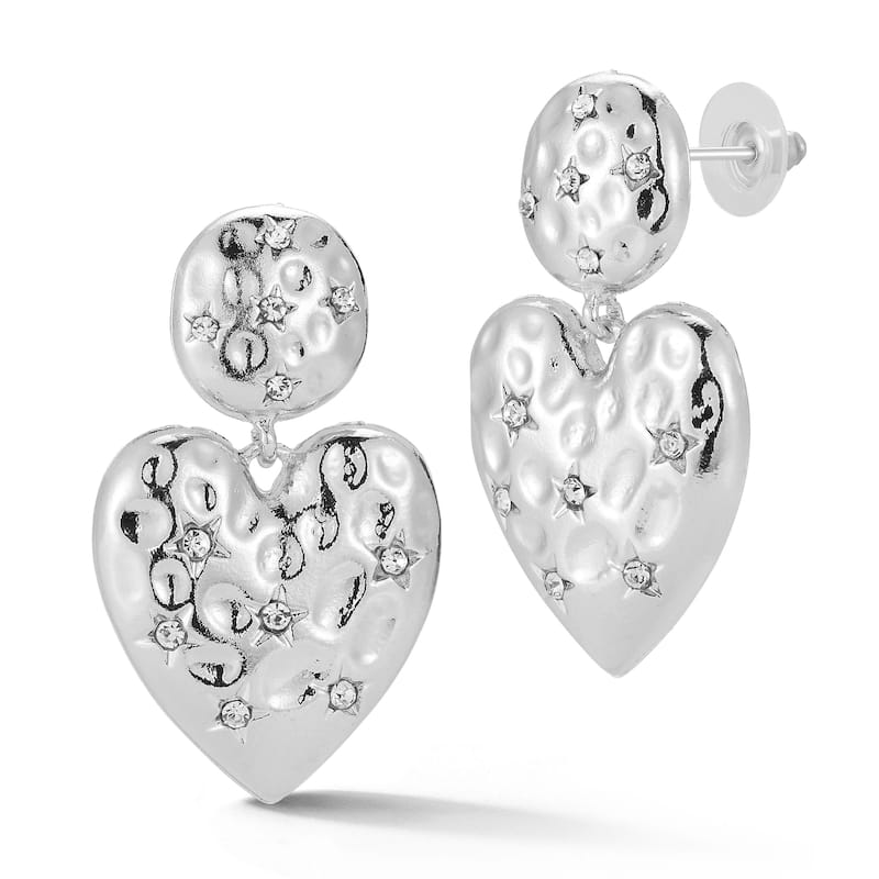 Chloe & Madison CZ Statement Hammered Heart Drop Earrings - Silver