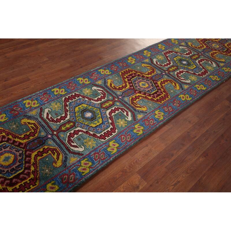 Geometric Kazak Oriental Runner Rug Hand-Knotted Wool Carpet - 2'6"x 9'9"