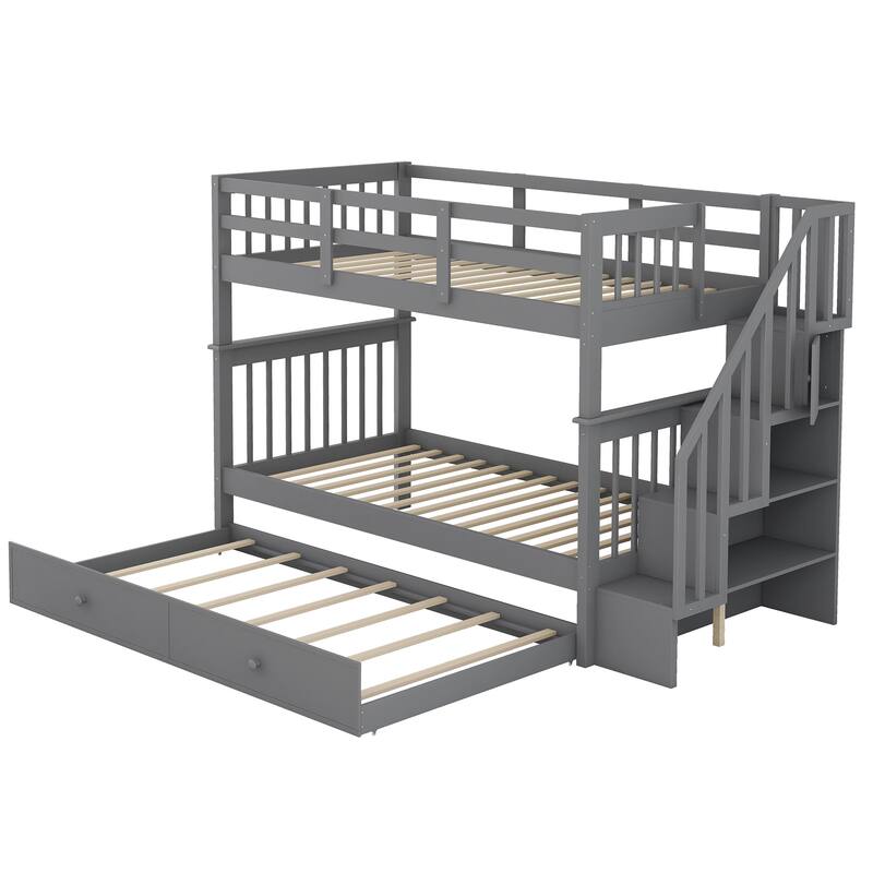 Twin-Over-Twin Bunk Bed with Trundle, Storage Stairs, Gray Finish