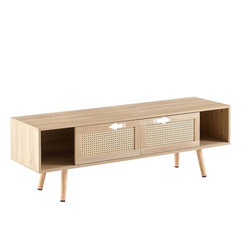 Modern Rattan Woven TV Stand with Adjustable Shelves, Solid Wood Legs, and Sliding Doors.