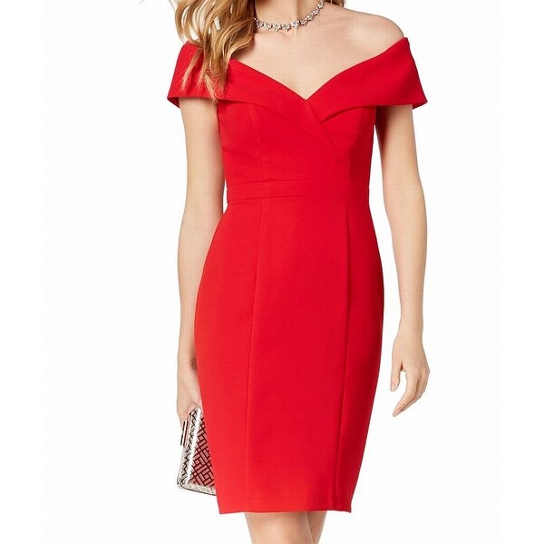 xscape off the shoulder midi dress