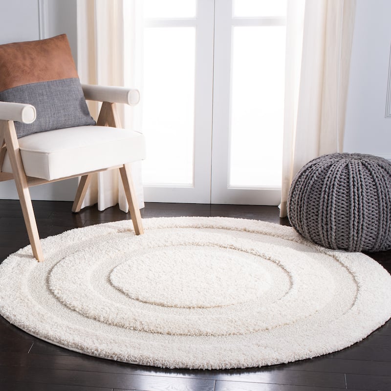 SAFAVIEH Florida Shag Carlinde Border 1.2-inch Thick Rug - 6'7" Round - Creme - Round