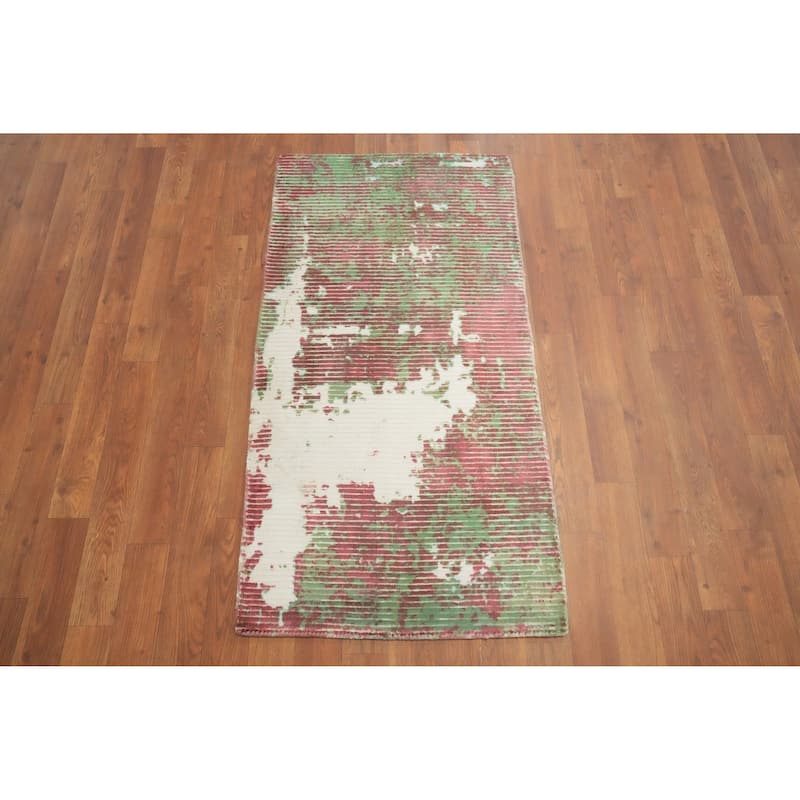 Hand Knotted Oriental Viscose Silk Carpet Modern All-Over Multi-Colored Abstract Area Rug - 3' 10'' X 2' 0''
