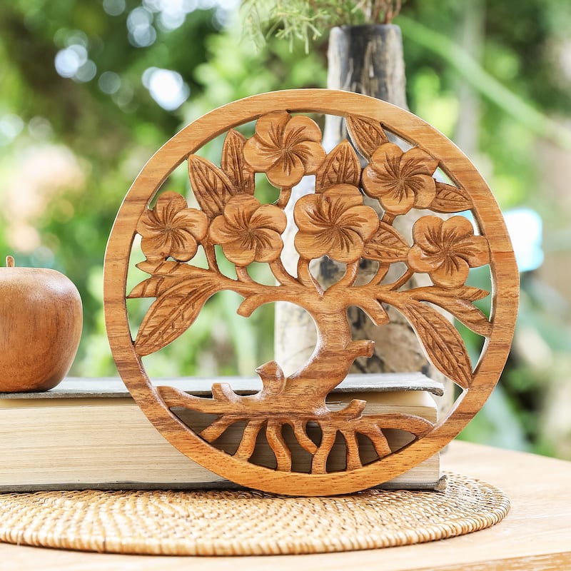 Novica Handmade Frangipani Spring Wood Relief Panel