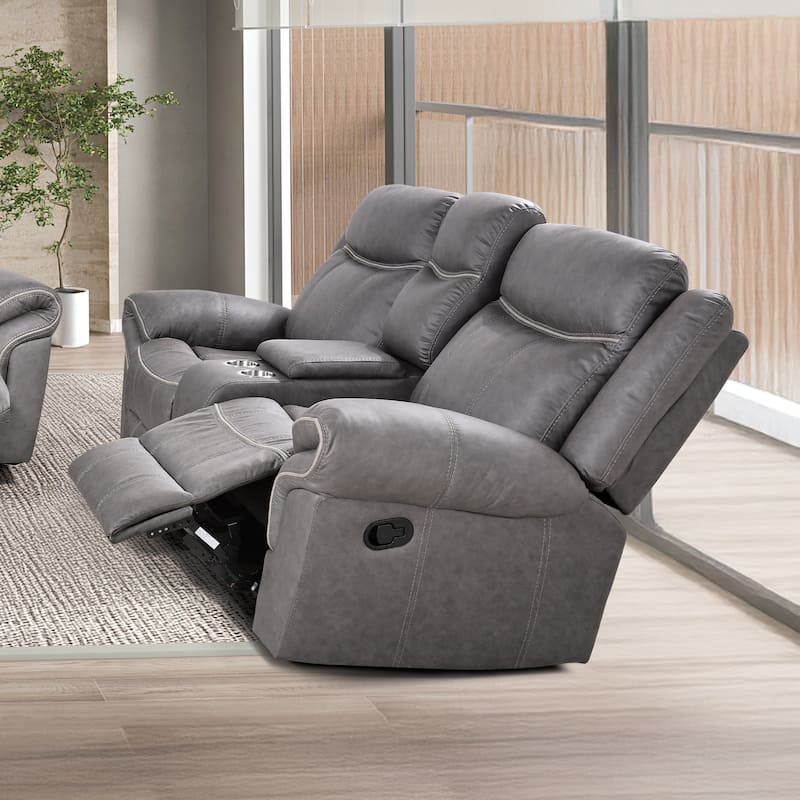 Verne Modern Leather Manual Glider Reclining Loveseat with Center Storage Console - Warm Grey