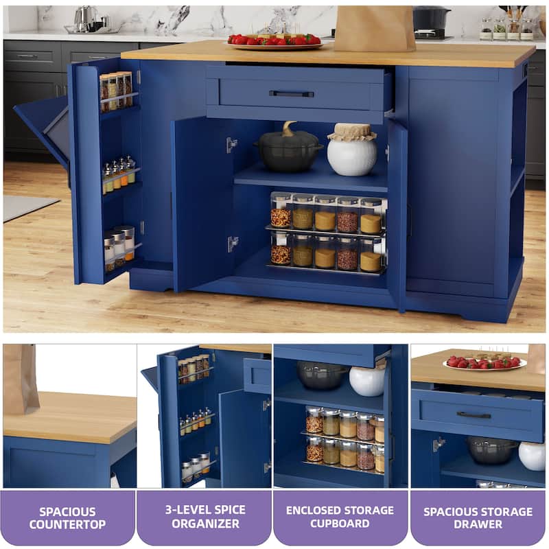 Moasis 50" Kitchen Island with Power Outlet & Drop Leaf,Rolling Island Cart with Trash Can Cabinet