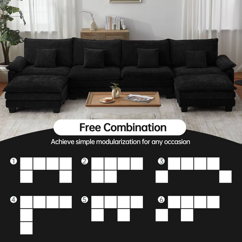 144" Modular Compression Sofa Set Convertible Sectional Sleeper Couch with 2 Ottomans