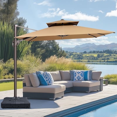 9 FT x 12 FT Outdoor Patio Dual Top Umbrella Cantilever Offset with Base
